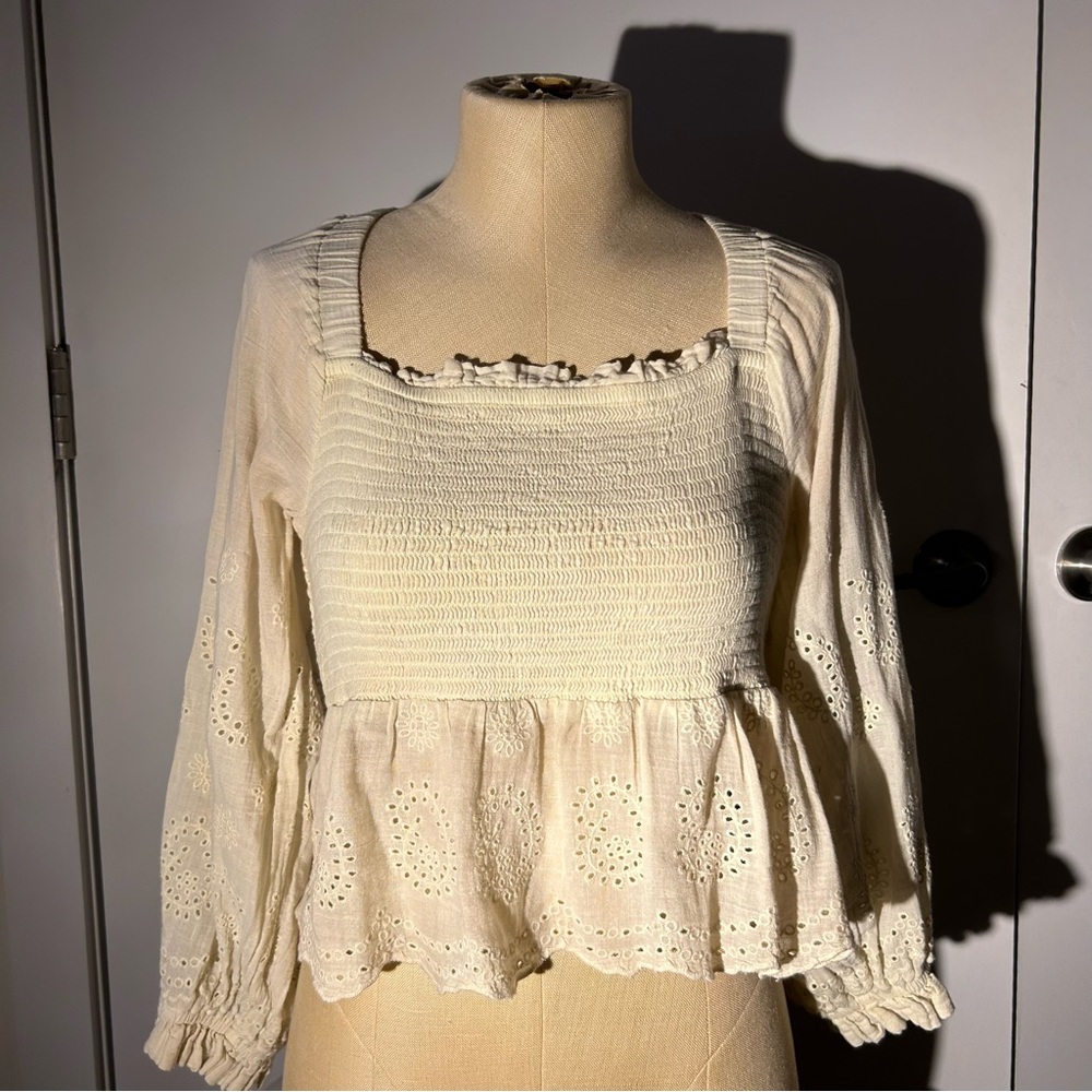 American Eagle Outfitters Eyelet Boho Ruched Peplum Crop Top Lime Green Yellow